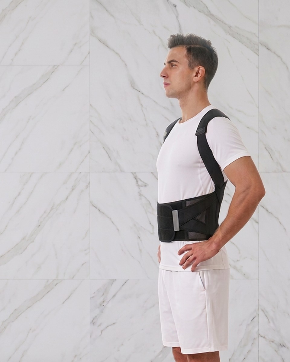 Man standing upright wearing the POSTURLY posture corrector